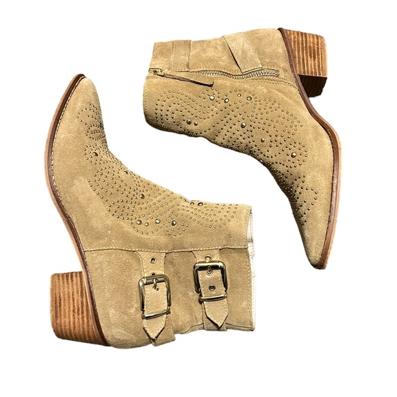 ZARA Tan Suede Gold Studded Point Toe Side Zip Double Buckle Bootie-Size 7.5 - Picture 13 of 16